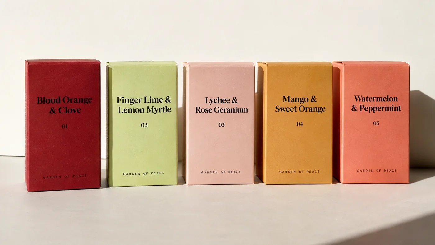 The five matte boxes standing in a row — ruby, pale lime, blush, amber and coral — each printed with its bar name and number