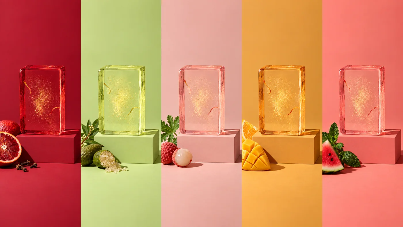 The five bars side by side, each on its own colour: ruby, pale lime, blush, amber and coral, with the fruit that names it beside each one