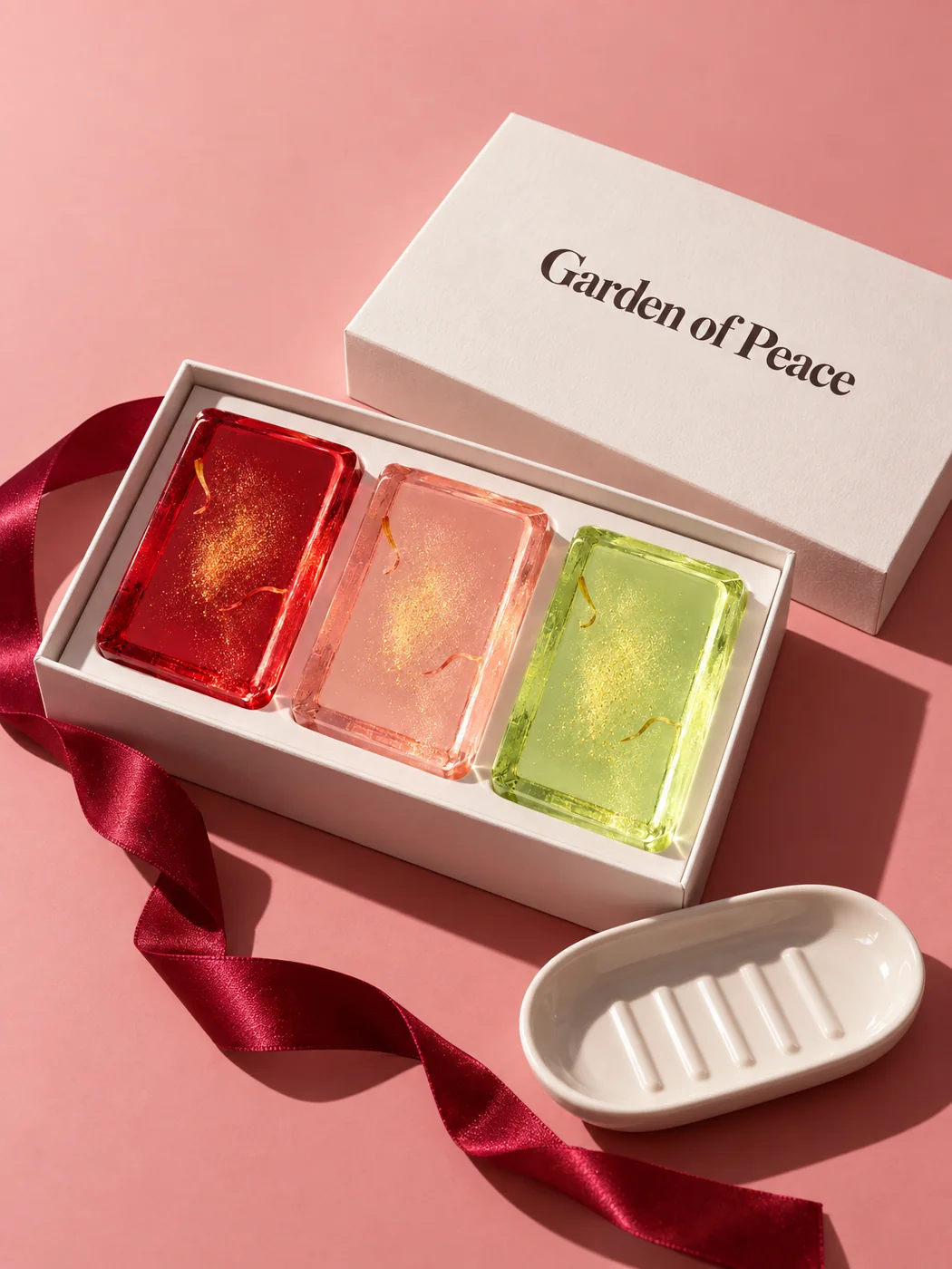 The gift set: three bars in a white box with a ruby ribbon and a white ceramic soap dish