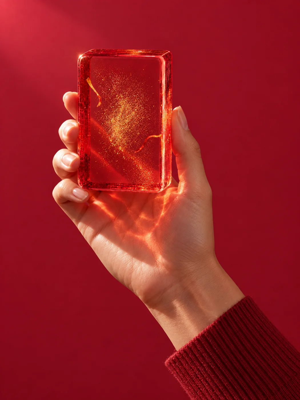 A hand holding the Blood Orange & Clove bar up to the light, throwing ruby refractions across the wall