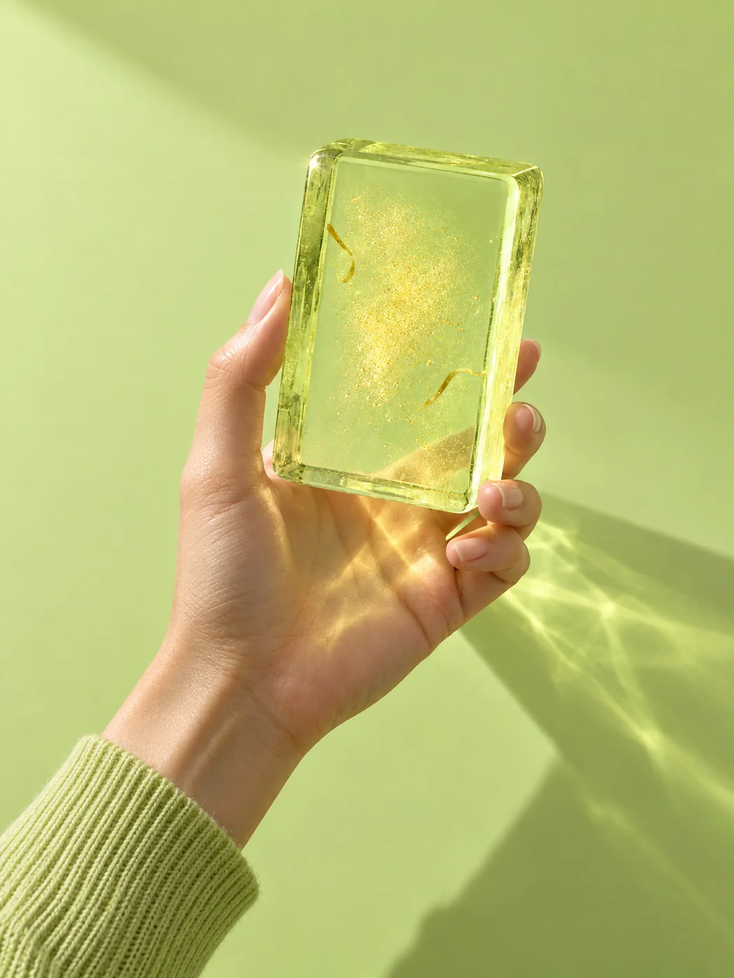 A hand holding the Finger Lime & Lemon Myrtle bar up to the light, throwing lime refractions across the wall
