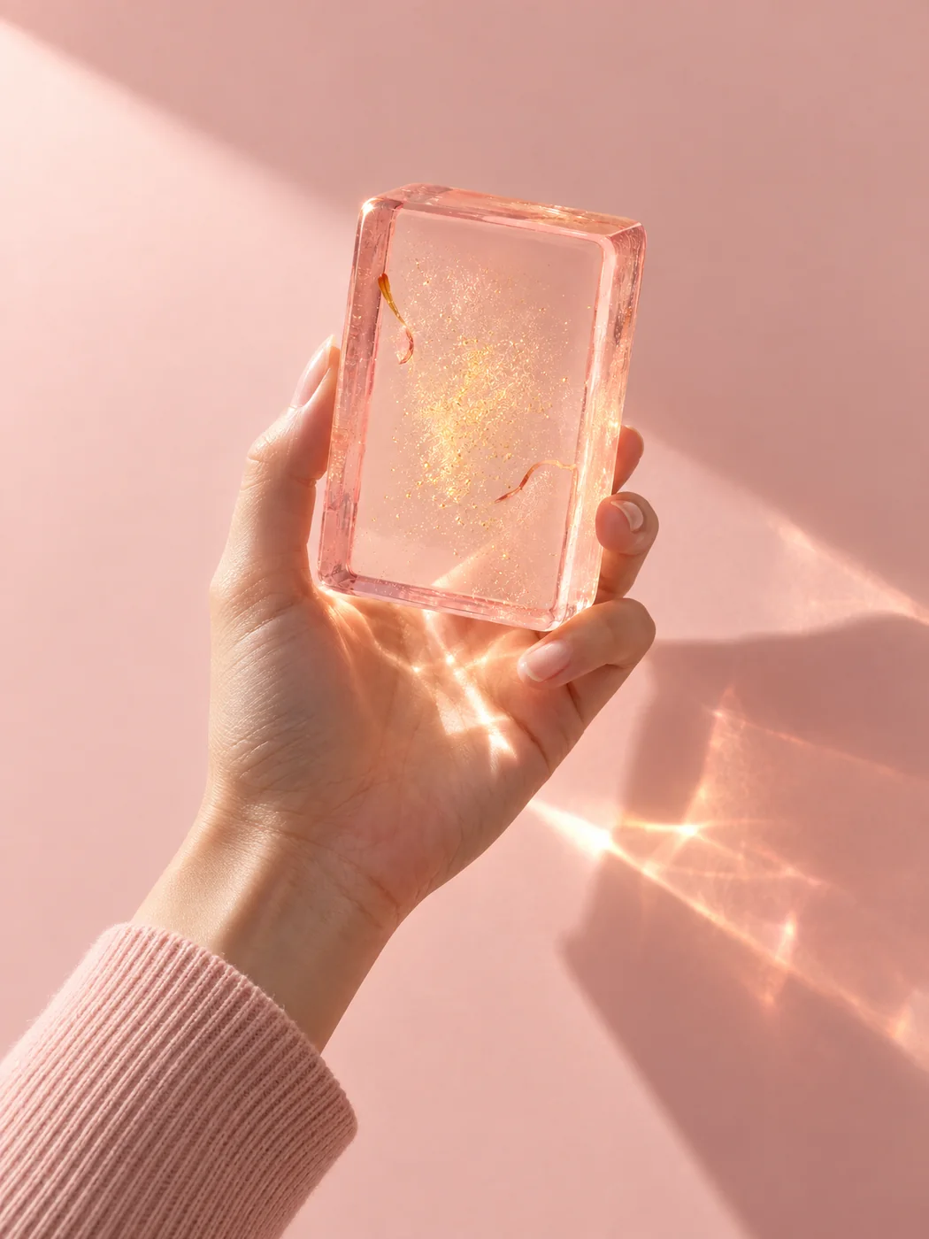 A hand holding the Lychee & Rose Geranium bar up to the light, throwing blush refractions across the wall