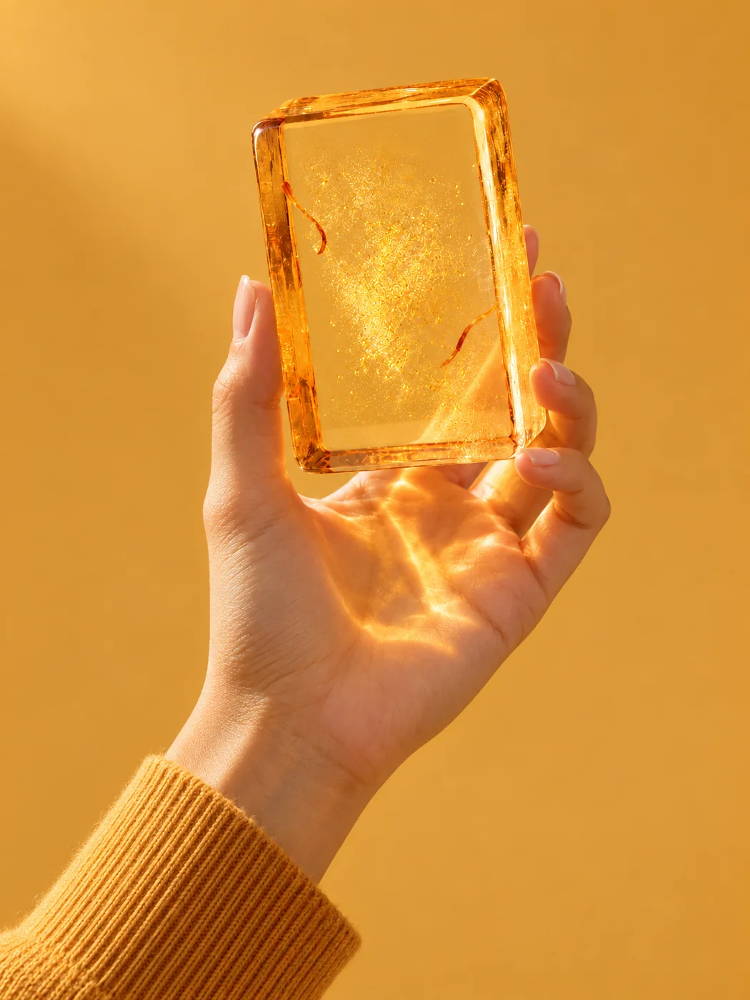 A hand holding the Mango & Sweet Orange bar up to the light, throwing amber refractions across the wall