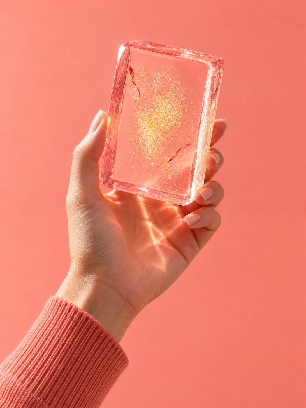 A hand holding the Watermelon & Peppermint bar up to the light, throwing coral refractions across the wall behind it