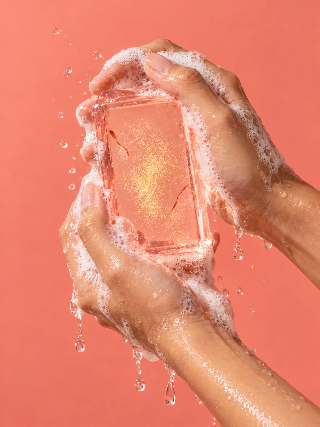 A soft white lather worked up from the coral bar, held against a coral background