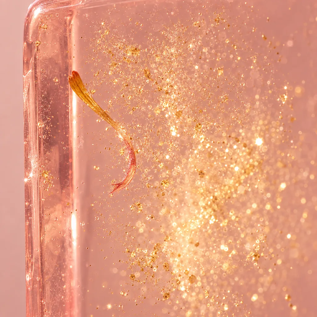 A close view into the bar: gold-tone mica shimmer suspended mid-block with fine threads of dried fruit fibre around it