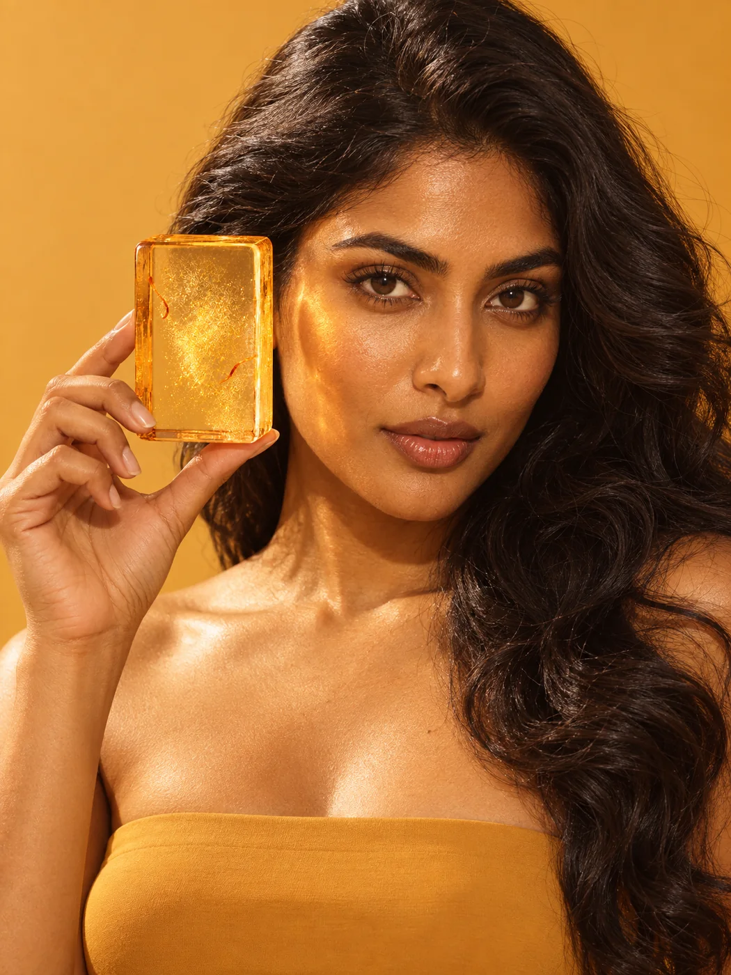A model looking into the camera, holding the Mango & Sweet Orange bar up beside her cheek, the clear amber glycerin glowing with gold-tone shimmer